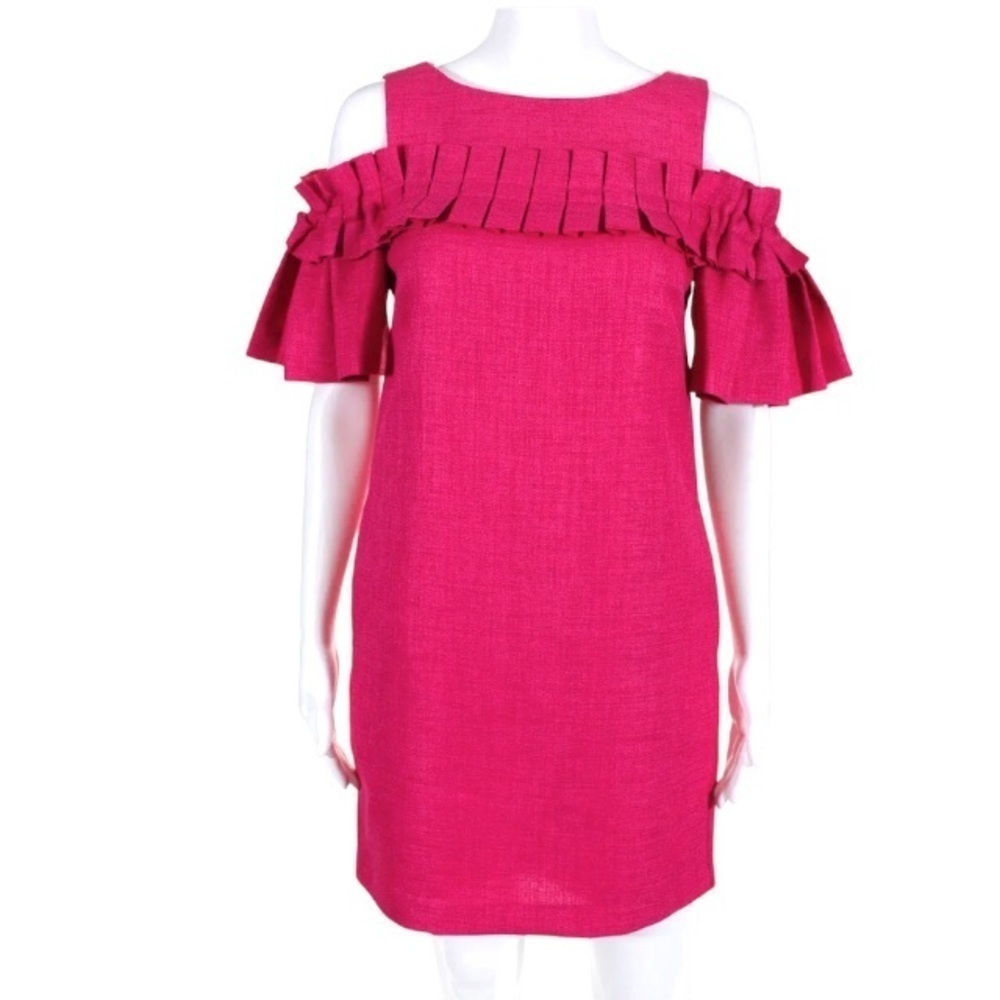 NWT Badgley Mischka Dress Size 6 Pink Pleated Ruffle Cold Shoulder Mini